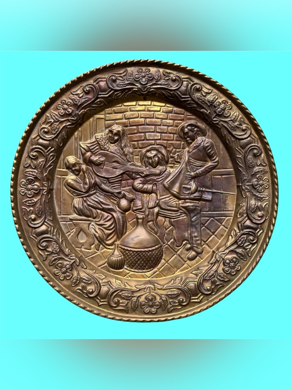 Decorative Embossed Metal Wall Plate with Musical Scene